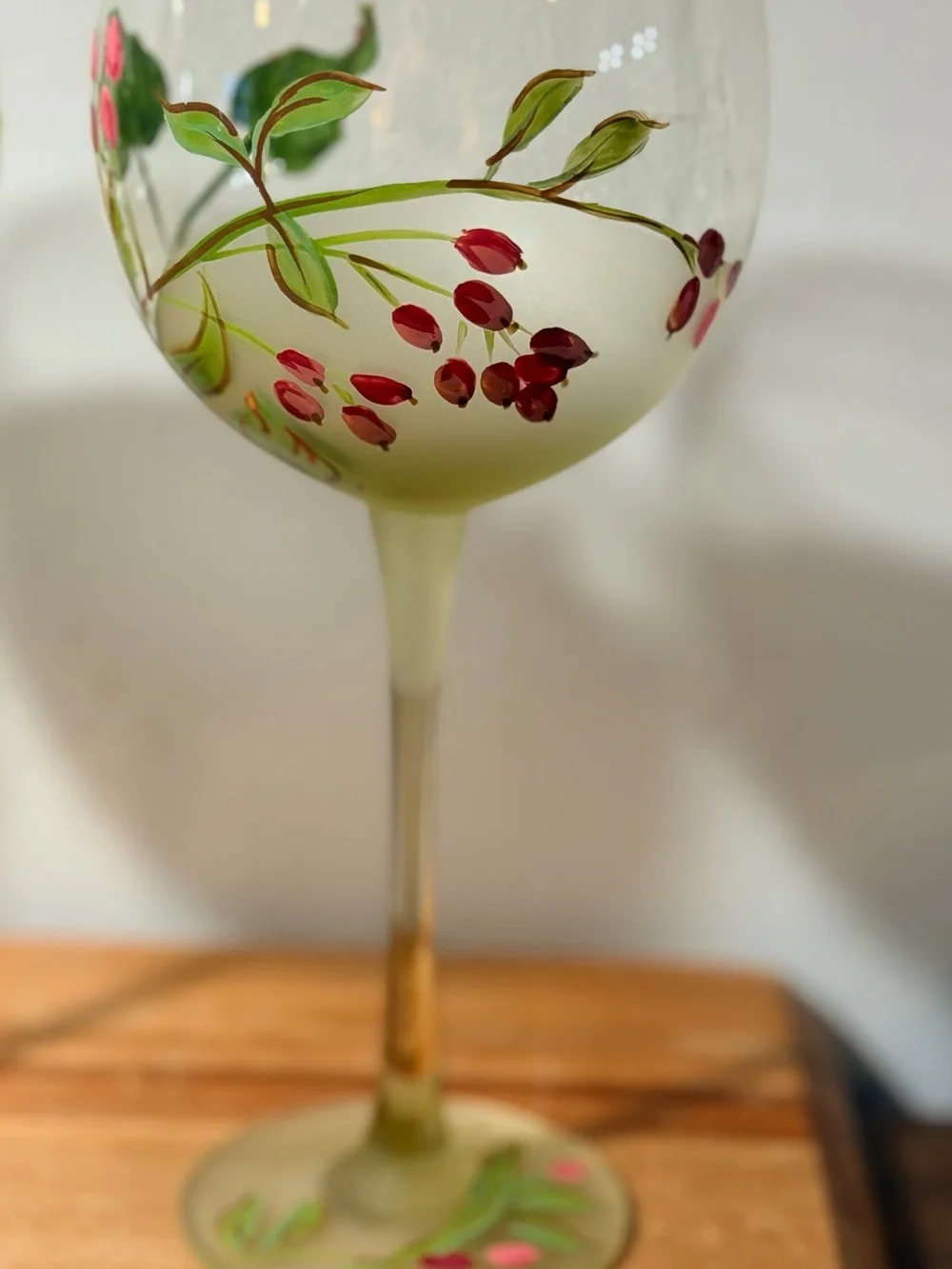 Vintage Frosted Hand-Painted Botanical Wine Glasses - Set of 4